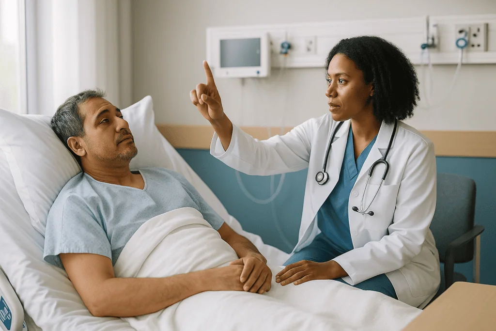 Doctor consulting with patient in hospital bed: The Glasgow Coma Scale: how the bedside exam weighs in