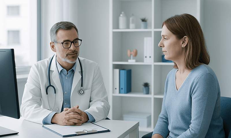 Doctor consulting with a female patient in a modern clinic setting.