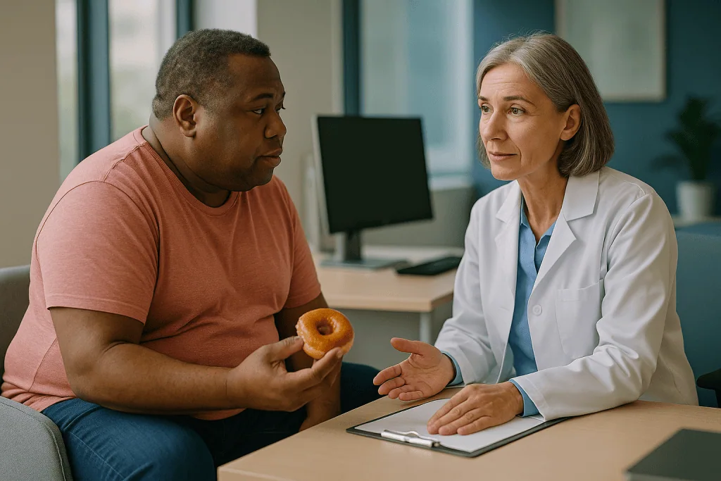 Doctor consulting patient holding donut in office: The glucagon half: why add a hormone that raises blood sugar?