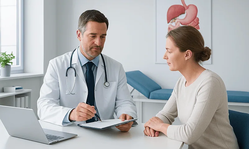 Doctor consulting with a female patient in a medical office setting.