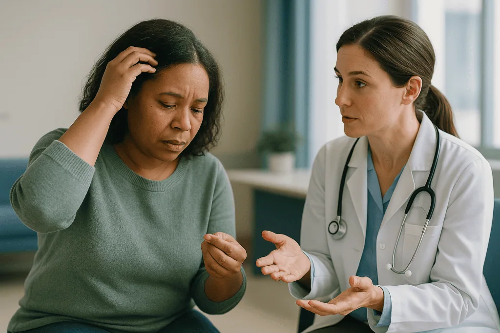Doctor consulting patient about hair loss concern: The hair growth cycle explained: why hair falls out on schedule