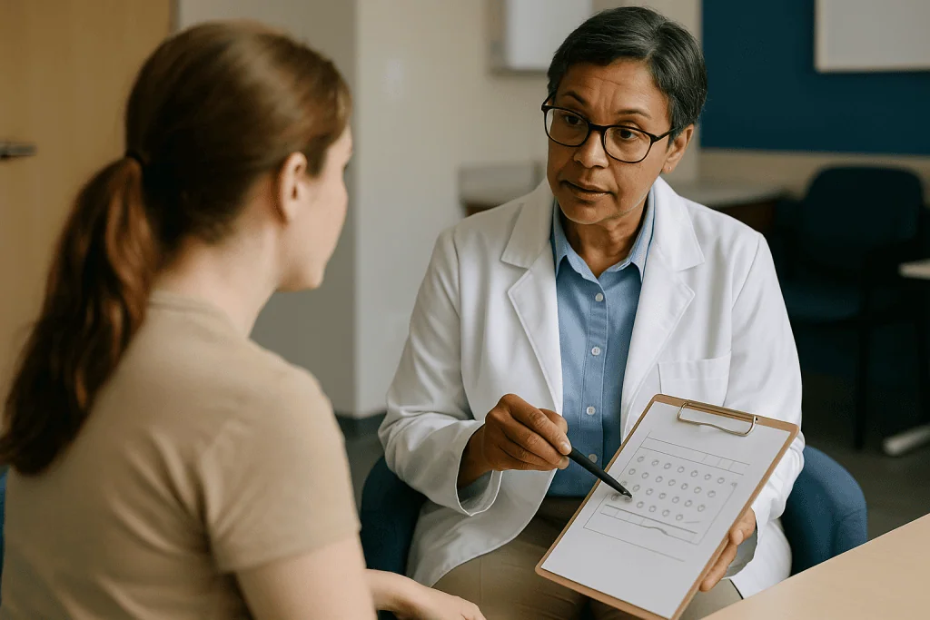 Doctor consulting with patient holding clipboard: The hormone timeline, day by day