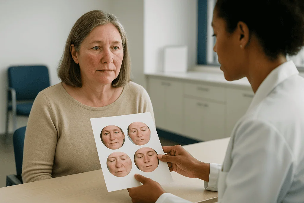 Dermatologist consulting patient with facial condition photos: The main patterns of rosacea, and why 'stage 4 rosacea' is no