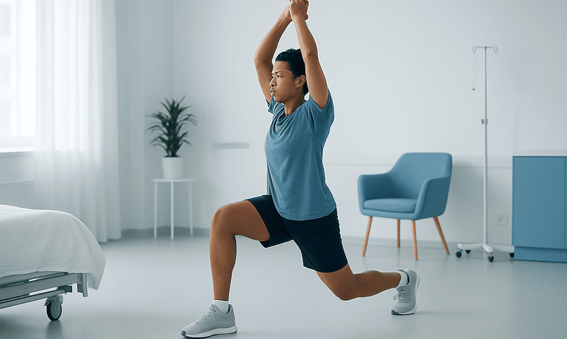 The McGill Big 3: The Back-Pain Exercises Spine Researchers Recommend 9 Young woman performing a lunge stretch in a medical setting.