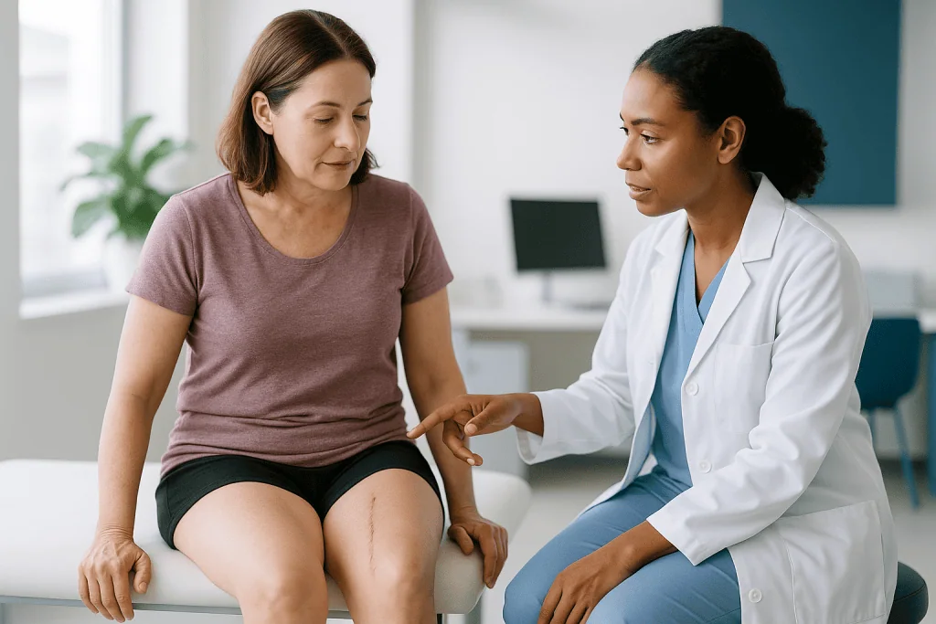 Doctor examining patient's thigh scar in clinic: The medial thigh lift scar: where it sits and how it behaves