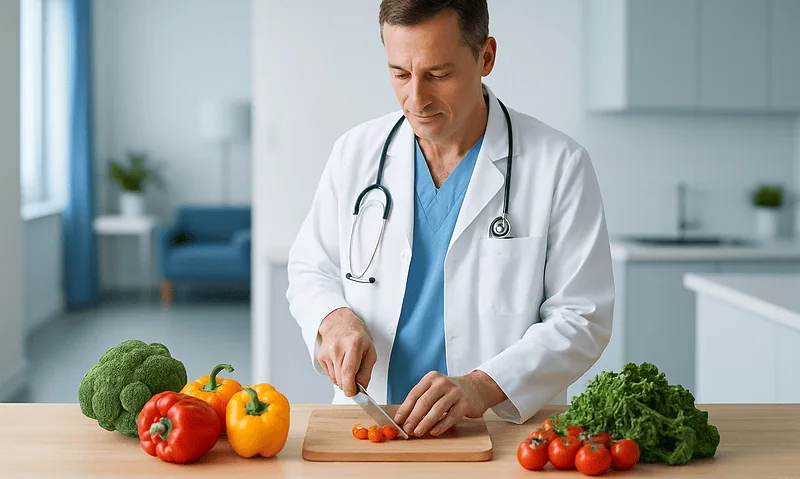 Doctor preparing vegetables in a modern kitchen for healthy eating.