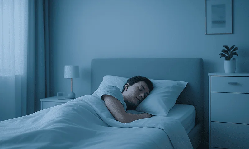 Young woman sleeping peacefully in a modern bedroom at night.