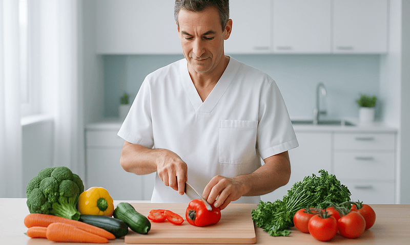 Male chef preparing vegetables in a modern kitchen for healthy eating.