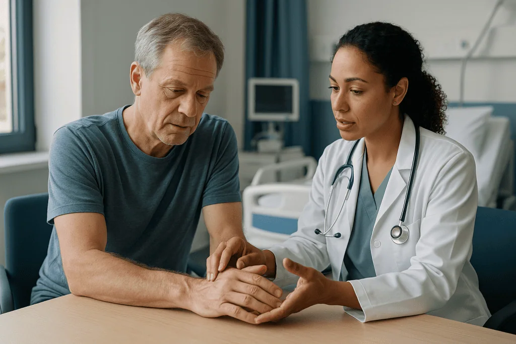 Doctor examining patient's arm during consultation: The most common upper limb disorders, joint by joint