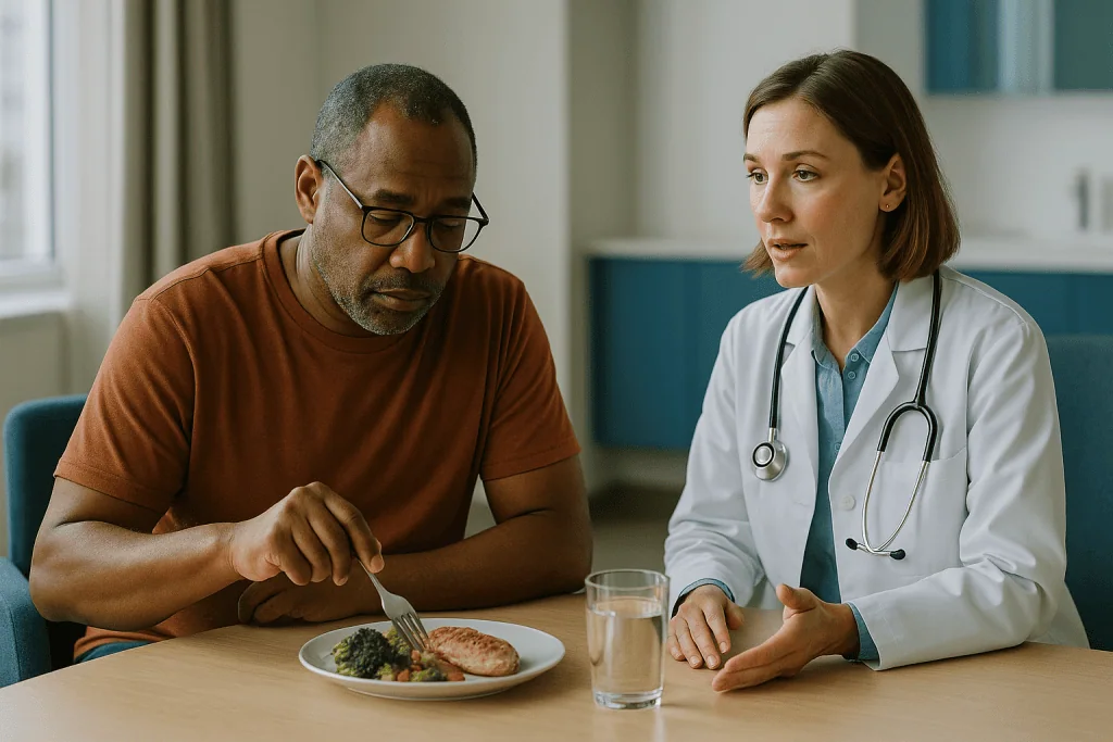 Doctor consulting patient about meal with plate of food: The only OMAD trial: eight weeks, one meal, uncomfortable results
