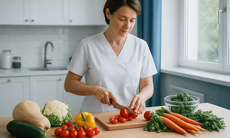 Woman preparing fresh vegetables in a modern kitchen for a healthy diet.