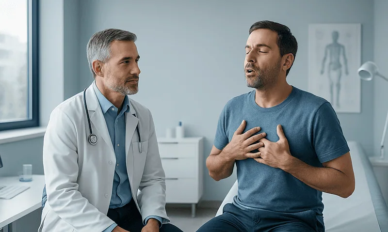 Patient experiencing chest discomfort during medical consultation at Acibadem Hospital.