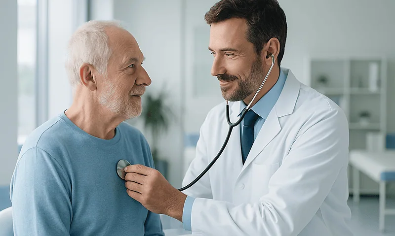 Doctor examining an elderly male patient with stethoscope in a clinic.