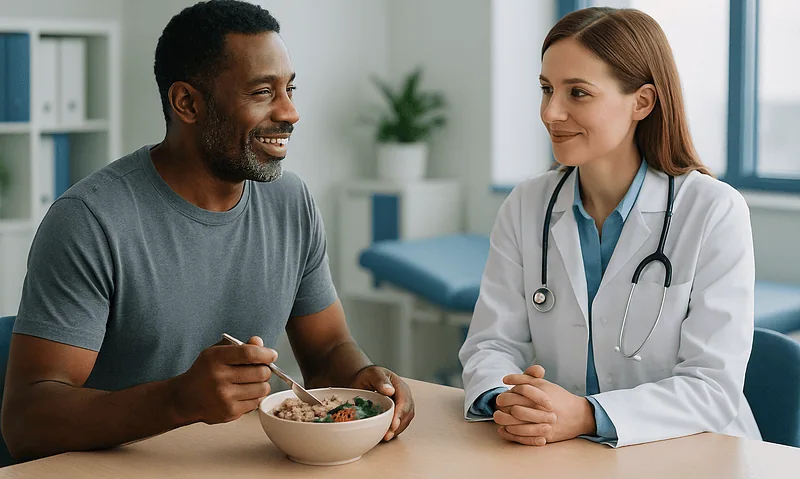 Doctor and patient discussing post-workout nutrition in a medical setting.