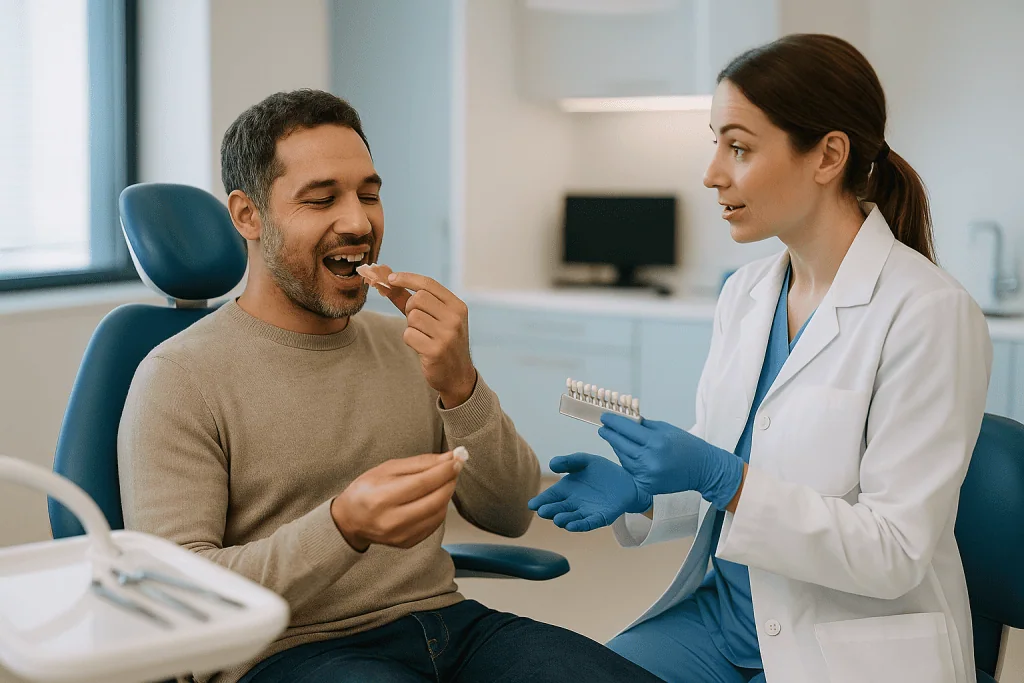 Dentist showing tooth shade guide to male patient: The second visit: try-in, bonding and the bite check