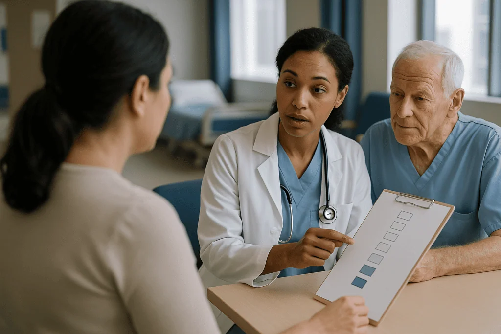 Doctor consulting with patient and elderly man: The six ASA classes at a glance