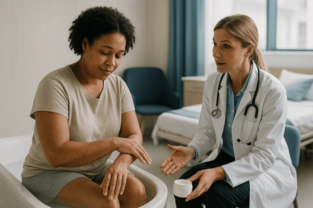 Doctor examining patient's arm in clinical consultation: The soak and seal method: moisturizing in the minutes after a bath