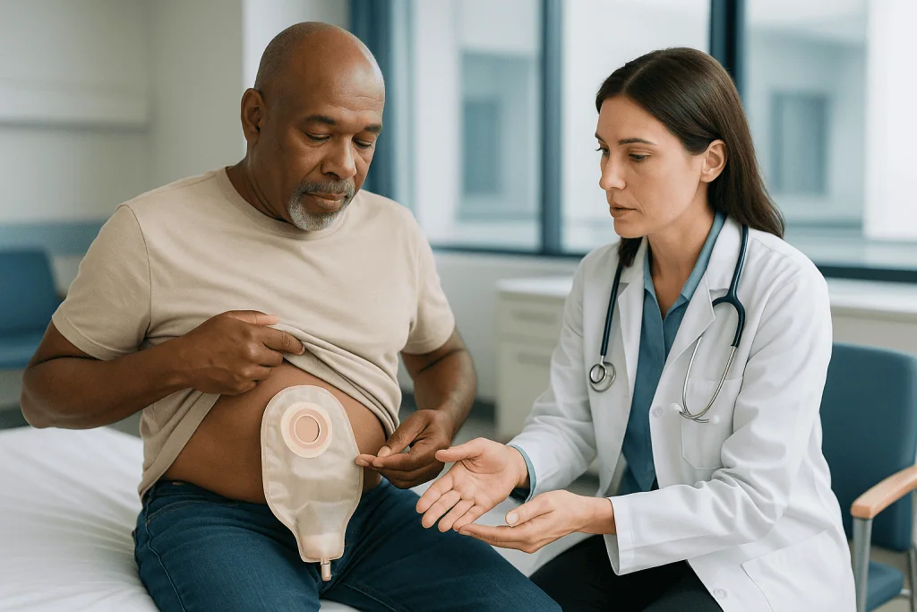 Doctor examining patient's ostomy pouch after surgery: The three main urinary diversion options after bladder removal, compa