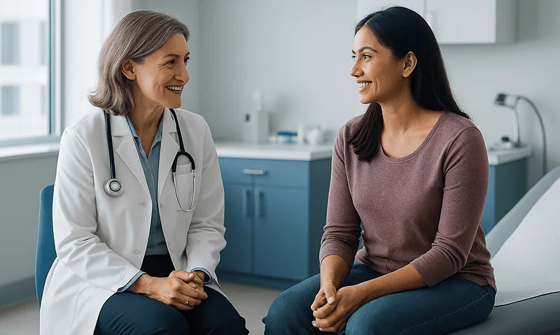 Doctor and patient having a consultation in a medical office.