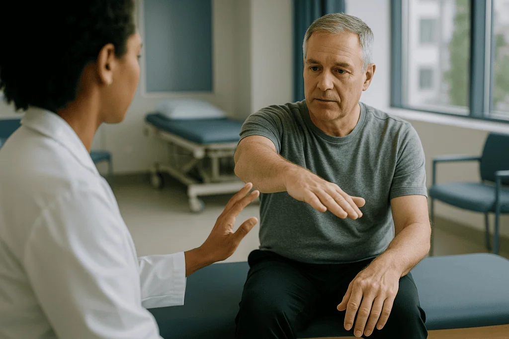 Healthcare professional consulting patient about arm/shoulder therapy: Therapeutic exercise examples: why the movements look