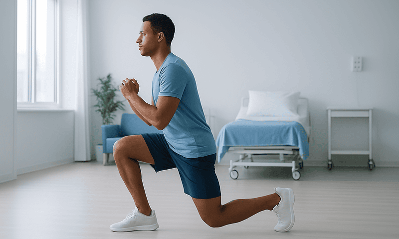 Man performing lunges in a clinical setting for physical therapy.