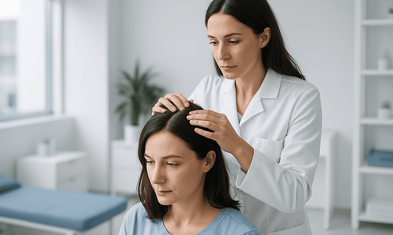 Doctor examining woman's scalp for early hair thinning signs.