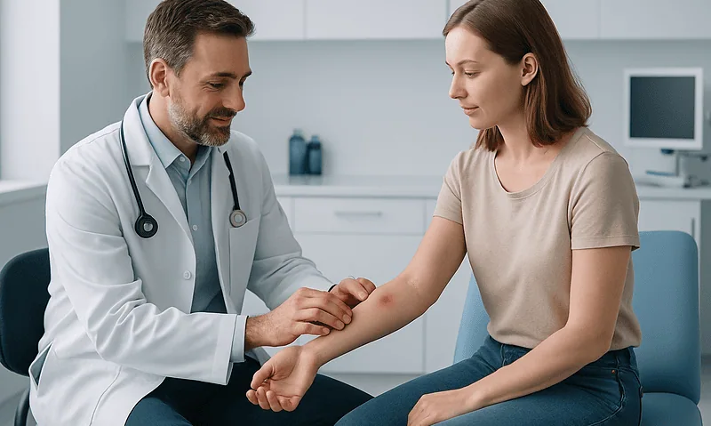 Tick Bites: Safe Removal and the Signs of Infection to Watch For 2 Doctor examining a patient's arm for tick bite signs in a clinical setting.