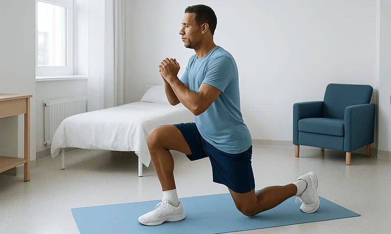 Man performing knee lunge exercise in a bright room.