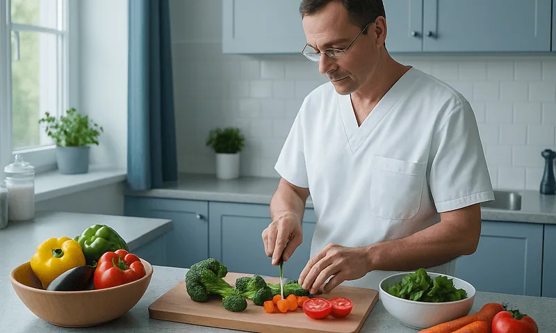 Doctor preparing fresh vegetables in a modern kitchen for a healthy diet.