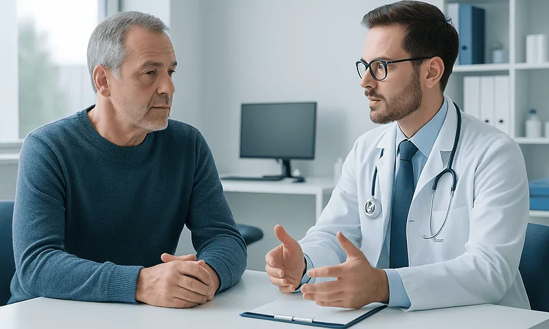 Doctor consulting with middle-aged male patient in a modern clinic.