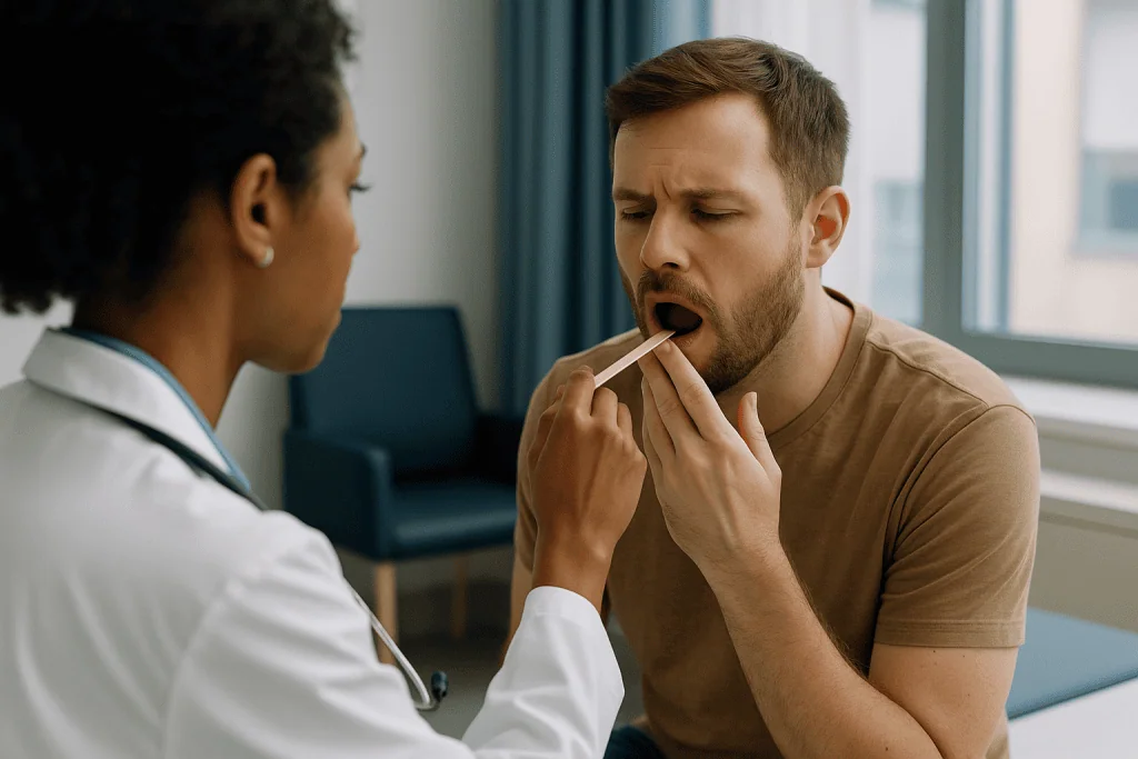 Doctor examining patient's throat and mouth: Tonsil stones and bad breath: what the viral videos get right and wrong