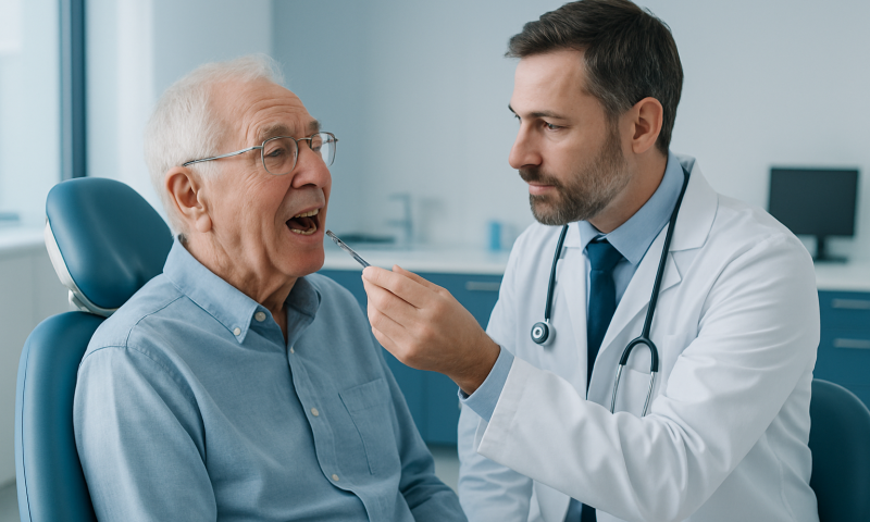 Dentist examining an elderly patient's mouth in a clinical setting.