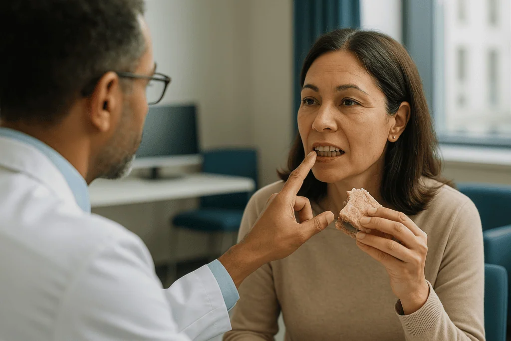Woman eating sandwich in office consultation with doctor: Tooth show: the detail many people never notice until a surgeon po