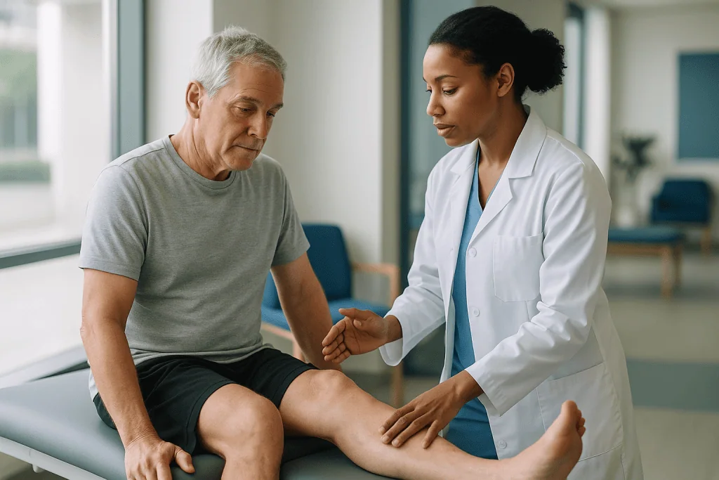 Doctor examining senior male patient's knee: Torn meniscus physical therapy vs surgery: what the trials found