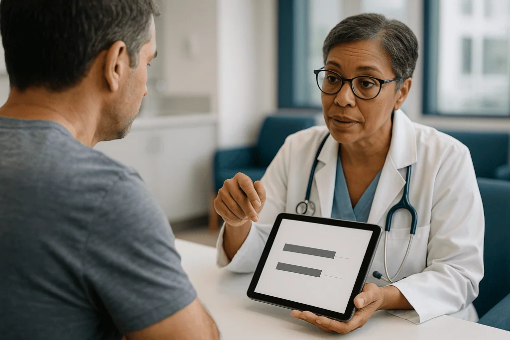 Doctor consulting patient with tablet showing generic data: Total versus free testosterone levels: which number actually mat