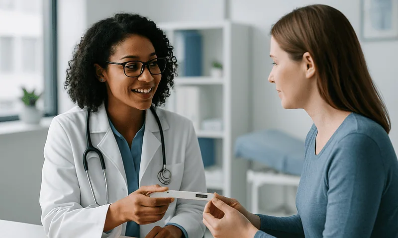 Doctor discussing fertility test results with a patient in a clinic.
