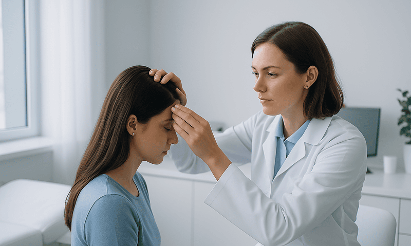 Doctor examining a woman's scalp for hair loss or traction alopecia.