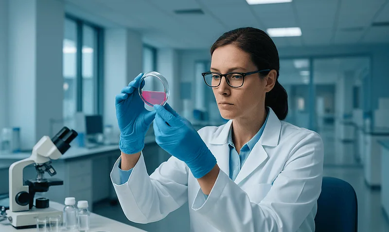 Scientist examining a petri dish in a modern laboratory setting.