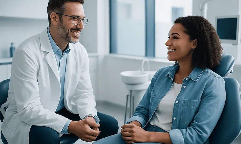 Dentist consulting with a patient in a modern dental clinic.