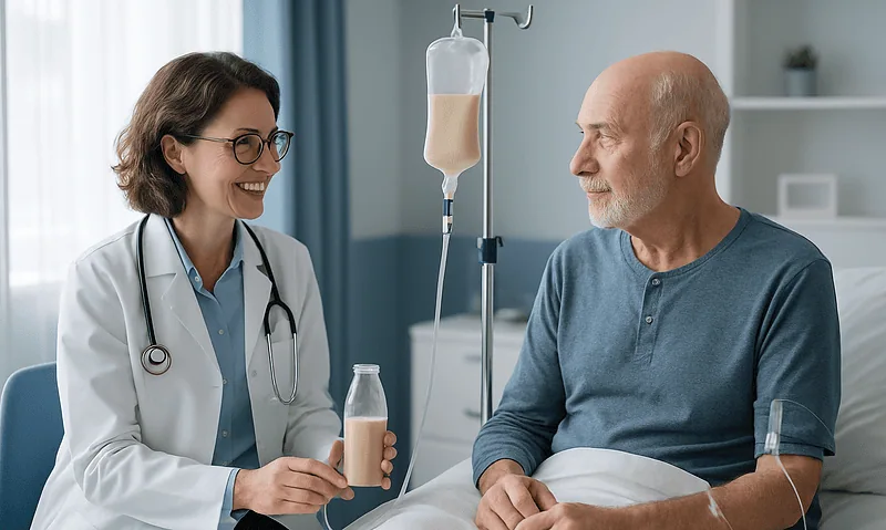 Doctor discussing nutrition options with an elderly patient in hospital.