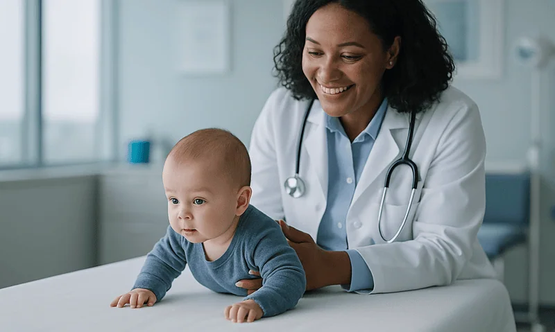 Pediatrician examining a baby during a check-up at Acibadem Hospital.