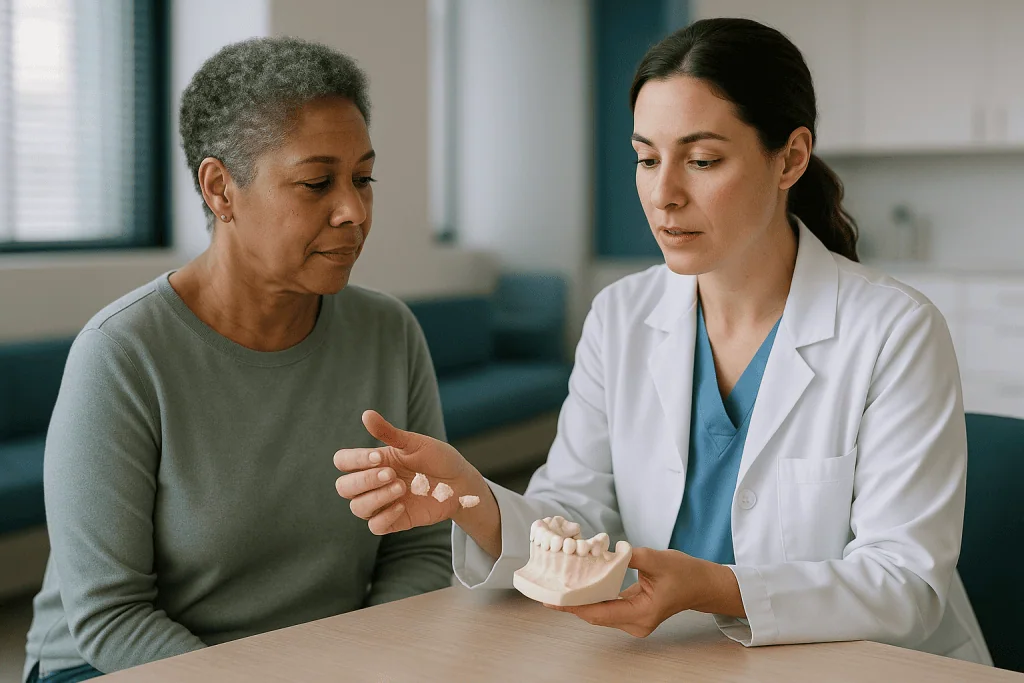 Dentist consulting patient about dental model: Types of dental bone graft material: the four families at a glance