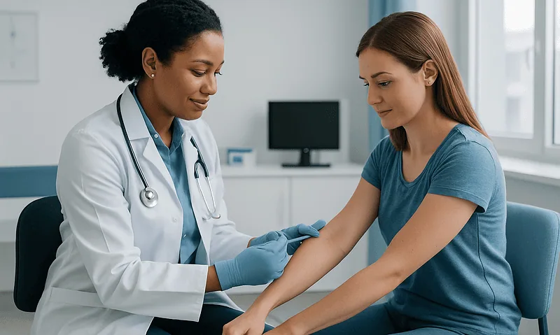 Doctor administering a vaccine to a young woman in a clinical setting.