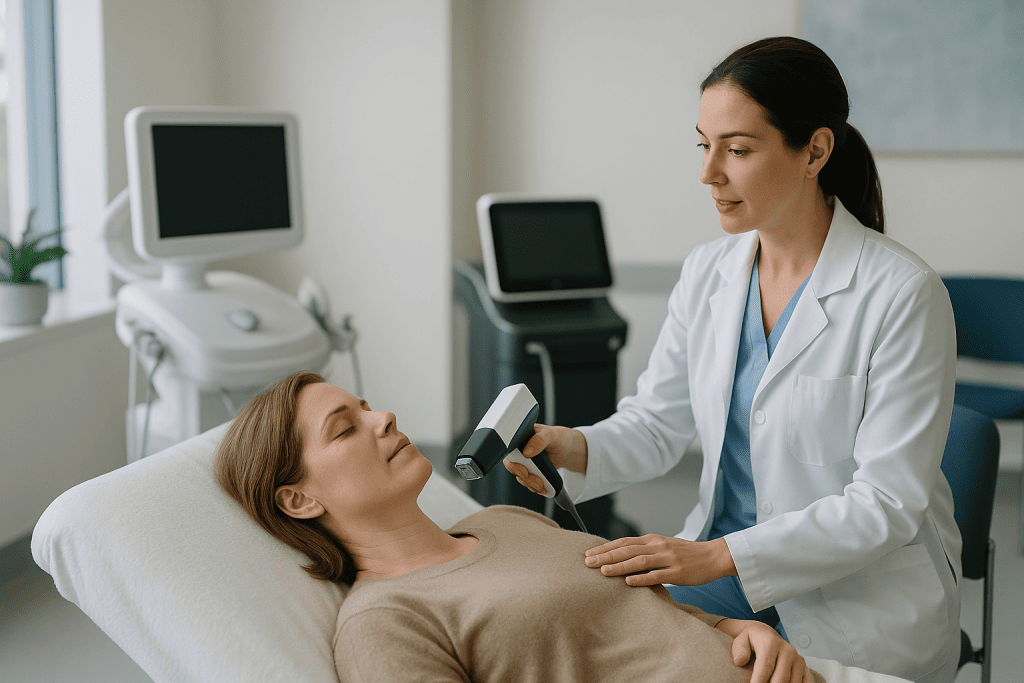 Dermatologist performing ultrasound skin tightening treatment on patient: Ultherapy vs Morpheus8: how the two technologies a