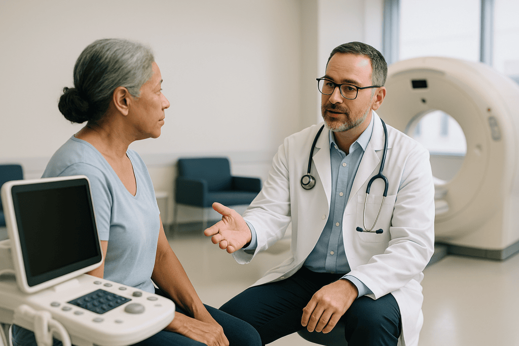 Doctor consulting with patient in clinical setting: Ultrasound vs CT for pleural effusion: when is a CT scan needed?