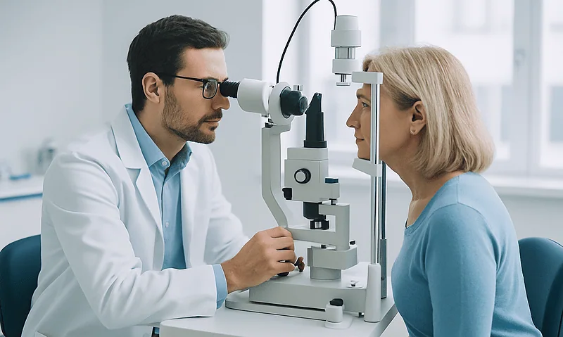 Ophthalmologist examining a patient with a slit lamp in a clinical setting.