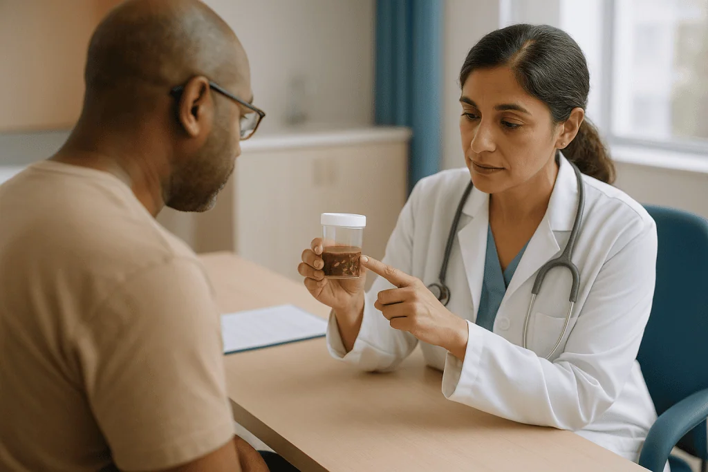Doctor showing urine sample to male patient: Undigested food in stool: what is normal?