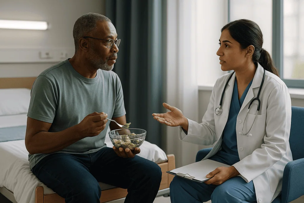Doctor consulting patient eating salad in hospital room: Uremia vs azotemia: why the distinction changes the plan