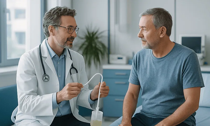 Doctor explaining ureteral stent to patient in clinic setting.