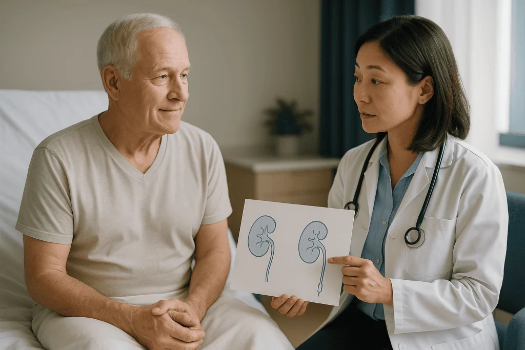 Doctor consulting senior male patient about kidney anatomy: Ureteral stent vs nephrostomy: how each drainage route actually 